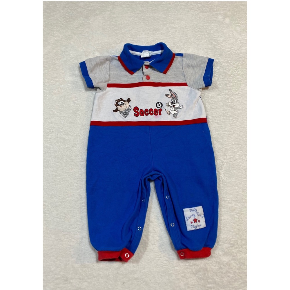 Rare Vintage 1999 Baby Looney Tunes Soccer Romper Baby Bugs Bunny Taz Blue 18M